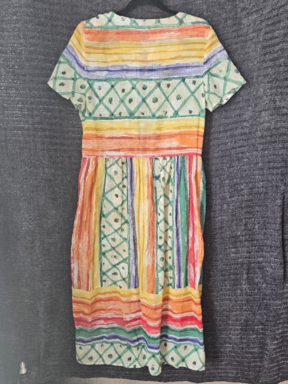 Vintage 80's Abstract Midi EJM Dress Short Sleeve Button Front Size 10 Geometric - Picture 2 of 12